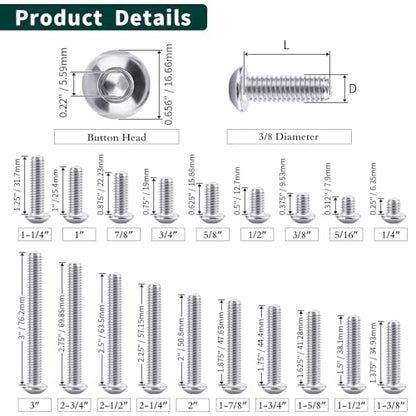 3/8-16 x 3/4" Button Head Socket Cap Bolts Screws, 304 Stainless Steel 18-8, Full Thread, Coarse Thread UNC, Allen Hex Drive, 10 PCS - size: 3/8-16 x 3/4"