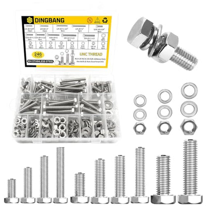 246Pcs Hex Bolts and Nuts Assortment Kit,1/4-20,5/16-18,3/8-16 Stainless Steel Assorted Hex Head Bolts and Nuts,Flat & Lock Washers Set,Fully Threaded,for Home, Auto,Electronic & Industrial Repair - size: 1/4,5/16,3/8