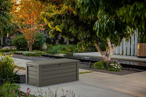 Keter Westwood 150 Gallon Resin Large Outdoor Storage Box for Patio Furniture, Outdoor Cushions, Garden Tools and Pool Floats, Taupe - color: Mossy Brown