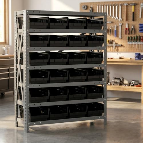 Quantum Storage 1239-102 Steel Shelf Bin Organizer System, 30 4"H Hopper-Front Bins, 7-Shelf Unit, 400 lb Per Shelf, for Warehouse, Shop, Garage & Stockroom, 12"D x 36"W x 39"H, Black - size: 39" H x 36" W x 12" D, style: 12" L x 7" W x 4" H 30 Economy Bl