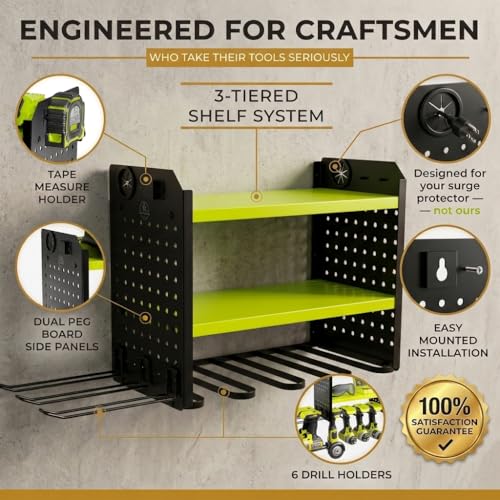 BUILTSTRONG Power Tool Organizer Wall Mount – 3-Tier Heavy-Duty Steel Rack, 6 Drill Slots, Dual Pegboard Sides, Side-by-Side Modular, 100 lb Capacity – Garage & Workshop (Green) - color: Green, size: 6 Drill Holder