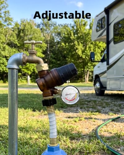 FOCSPROD RV Water Pressure Regulator, Rotatable Scale Adjustable Camper Water Pressure Reducer with Gauge, Inlet Screen Filter for Camper Travel Trailer
