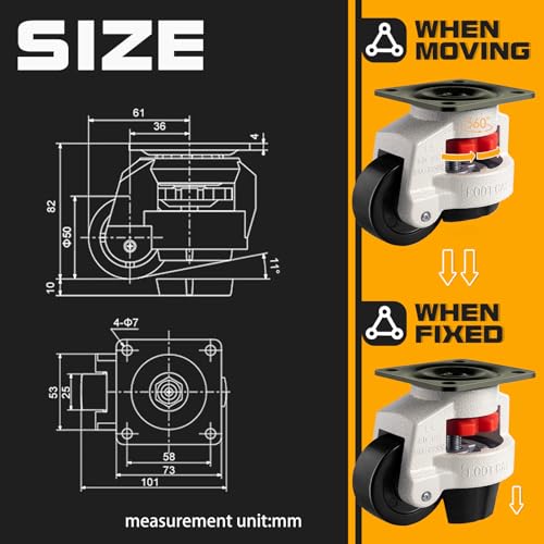 Heavy Duty Machine Retractable Casters - 2200 lbs Per Set - size: 2 INCH
