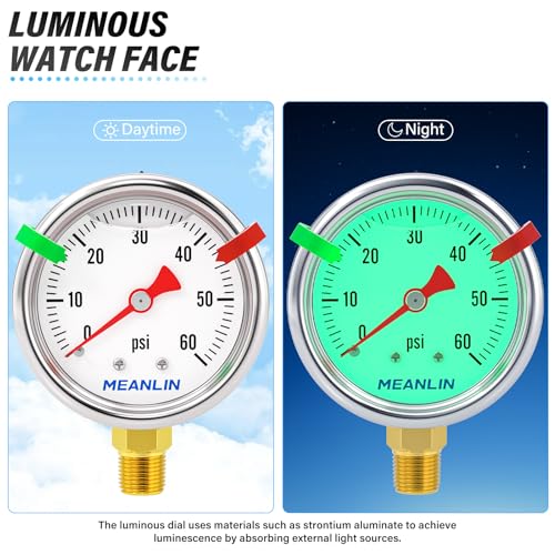 MEANLIN MEASURE 0~60Psi Stainless Steel Liquid Filled Pressure Gauge, 1/8" NPT 1.5" Luminous Dial, Glycerin Filled for Water Oil Air Lower Mount with 2PCS Snaps - color: Lower Mount, size: 0-60Psi