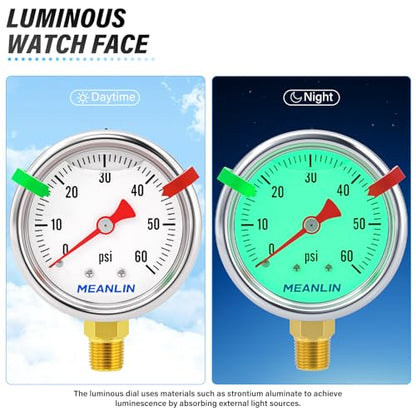 MEANLIN MEASURE 0~60Psi Stainless Steel Liquid Filled Pressure Gauge, 1/8" NPT 1.5" Luminous Dial, Glycerin Filled for Water Oil Air Lower Mount with 2PCS Snaps - color: Lower Mount, size: 0-60Psi