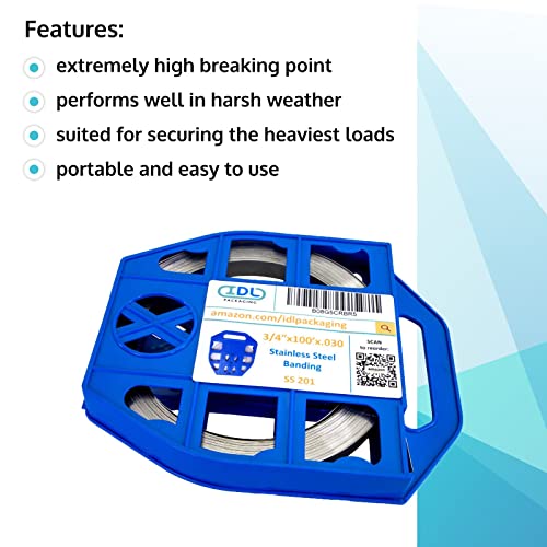 IDL Packaging 3/4" x 100' x .030" Stainless Steel 201 Banding in Plastic Self-Dispensed Case - Highest Break Strength and Shock Resistance Banding - Excellent for Extra Cold Environments - size: 3/4" x 100' x 0.030", style: 201 stainless steel