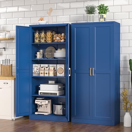 Polup 71" Blue Metal Kitchen Pantry Storage Cabinet with Doors and Shelves - color: Blue, size: 71"H with No Drawers