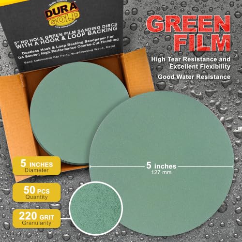 Dura-Gold 5" Green Film Sanding Discs, 220 Grit, Box of 50, Hook & Loop - size: 220-Grit