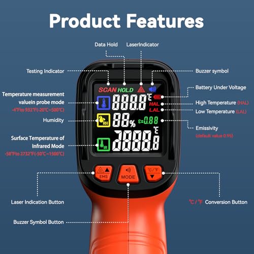 Temp Gun with Probe 2732°F IR Thermometer 50:1, Kiln Forge - color: Orange Black