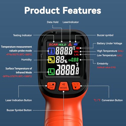 Temp Gun with Probe 2732°F IR Thermometer 50:1, Kiln Forge - color: Orange Black