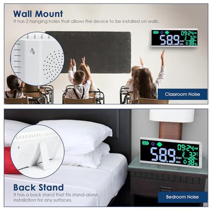 13 Inch Decibel Meter - Wall Hanging Sound Level Meter with Large LED Display, Noise, Temperature, Humidity, Time Monitor for Classroom