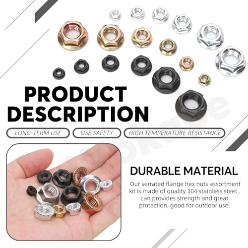 150Pcs 304 Stainless Steel Hex Flange Nuts Assortment Kit, M3 M4 M5 M6 M8 M10 6 Metric Sizes Hexagon Serrated Lock Nuts(Black)