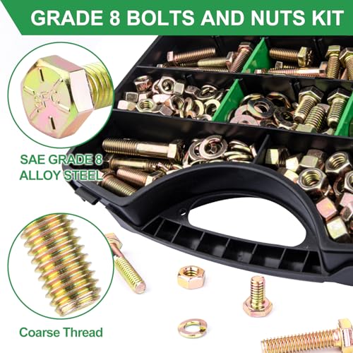 FOLIV 523PCS Grade 8 Bolts and Nuts Assortment Kit, Heavy Duty Nut and Bolt Assortment, 1/4-20 5/16-18 3/8-16 SAE Hex Bolts, Length from 1/2" to 1-1/2" - size: 523PCS 1/4-20 5/16-18 3/8-16