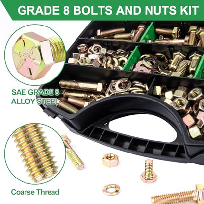 FOLIV 523PCS Grade 8 Bolts and Nuts Assortment Kit, Heavy Duty Nut and Bolt Assortment, 1/4-20 5/16-18 3/8-16 SAE Hex Bolts, Length from 1/2" to 1-1/2" - size: 523PCS 1/4-20 5/16-18 3/8-16