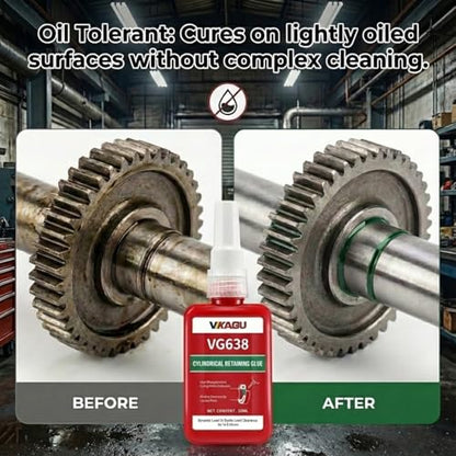 VG638 Retaining Compound, High Strength Cylindrical Adhesive for Bearings, Shafts & Gears - Fills Gaps up to 0.25mm, Restores Worn Parts, Green Anaerobic Glue, 1.69 fl oz - size: VG638, style: 1 Pack