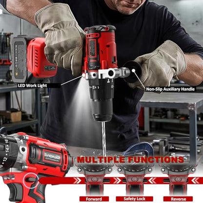 1060In·lbs 21V Brushless Cordless Power Hammer Drill Driver Set - color: Red