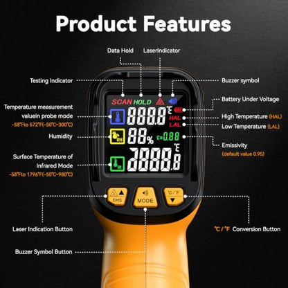 Infrared Thermometer Gun -58°F to 1796°F, 50:1 Temperature - color: -58°F to 1796°F, Yellow