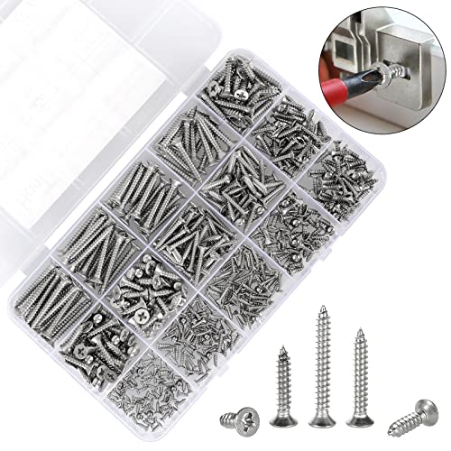 525Pcs M2 M3 M4 Phillips Flat Head Self Tapping Wood Screws, 304 Stainless Steel 13 Sizes Cross Countersunk Sheet Metal Screws Assortment for Wood, Plastic and Soft Metal. Coarse Threaded, Sharp Point