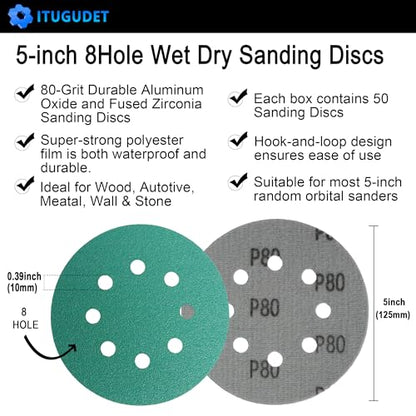5 Inch 8 Hole P80 Grit Zirconia Wet Dry Sanding Discs - 50 Pack - size: 80 Grit