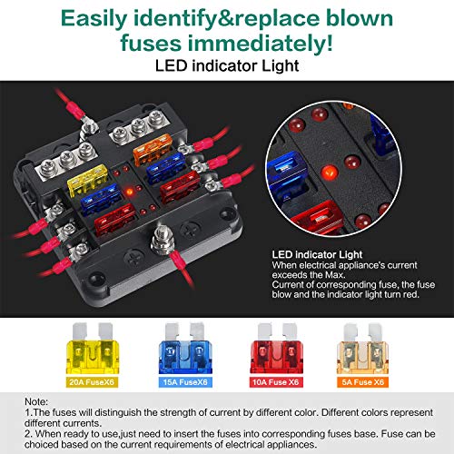 6 Way Fuse Block,12V Blade Fuse 6 Circuit ATC/ATO Waterproof Fuse Box Holder with LED Indicator Waterpoof Cover for 12V/24V Automotive Truck Boat Marine RV Van Vehicle (with 8 pcs Fuse)