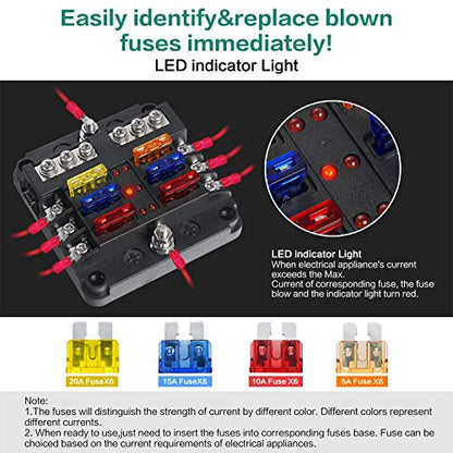 6 Way Fuse Block,12V Blade Fuse 6 Circuit ATC/ATO Waterproof Fuse Box Holder with LED Indicator Waterpoof Cover for 12V/24V Automotive Truck Boat Marine RV Van Vehicle (with 8 pcs Fuse)