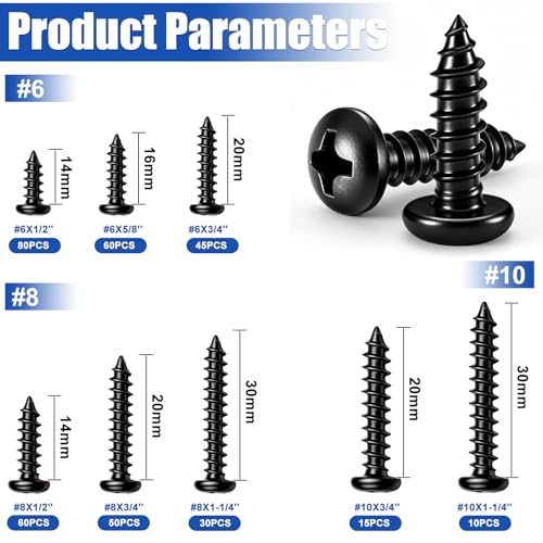 Taiss 350PCS #6#8#10 Phillips Pan Head Self Tapping Screws for Plastic,Self-Tapping Wood Screws Assortment Kit 14 Sizes Cross Recessed Carbon Steel Black Screws for Wood,Plastic - size: 350PCS