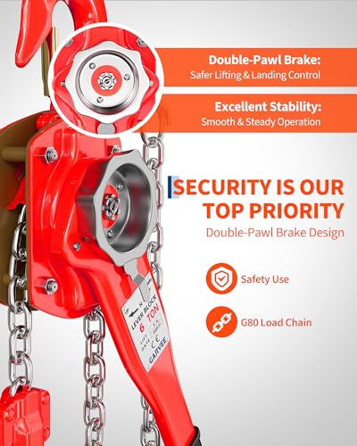 Heavy Duty Come Along–6 Ton 20FT Chain Hoist with G80 Galvanized Chain & Weston Brake,13200 Lb Capacity Chain Come Along Winch,Manual Lever Hoist for Engine Hoist,Garage, Farm,Unpowered Jobs - size: 6T 20FT