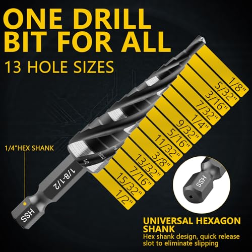 Four Spiral Flute Step Drill Bit, HSS Step Drill Bits (1/8"-1/2") - size: HSS 1 Piece (1/8"-1/2", 13 Steps)