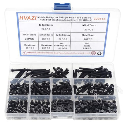 Metric M4 Nylon Phillips Pan Head Screws Nuts Flat Washers Assortment Kit (Black-M4) - color: Black-M4