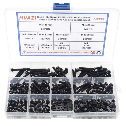 Metric M4 Nylon Phillips Pan Head Screws Nuts Flat Washers Assortment Kit (Black-M4) - color: Black-M4