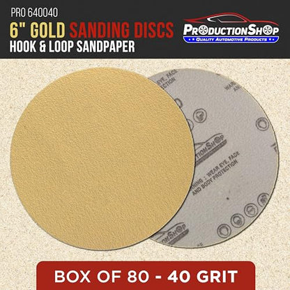ProductionShop Premium 40 Grit 6" Gold Sanding Discs, Box of 80 - Hook & Loop Backing Abrasive Sandpaper for DA & Random Orbital Sanders - Sand Automotive Paint, Metal, Wood, Woodworking Furniture - style: 40 Grit
