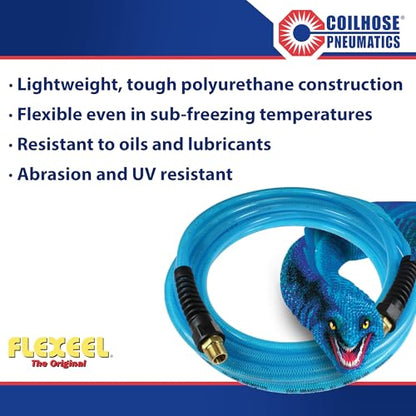 Coilhose Pneumatics PFE60254T Flexeel Reinforced Polyurethane Air Hose, 3/8-Inch ID, 25-Foot Length with (2) 1/4-Inch MPT Reusable Strain Relief Fittings, Transparent Blue - color: Transparent Blue, size: 3/8" X 25 Feet, 1/4" FTG