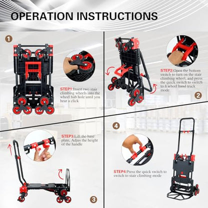 2 in 1 Folding Hand Truck Dolly,330LB Stair Climbing Dolly Cart,Red - color: Red