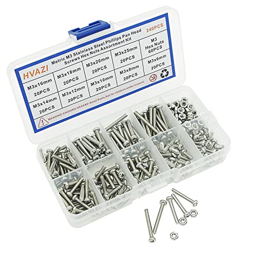 240PCS Metric M3 304 SS Phillips Pan Head Machine Screws & Nuts Kit - size: M3