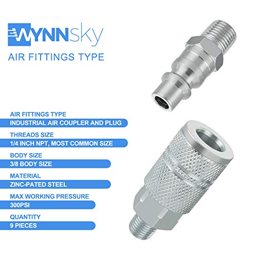 Industrial Air Coupler and Plug Kit, 3/8 Inch High Flow Body Size, 1/4 Inch NPT Threads Size, Steel Material, 9 Pieces Air Compressor Hose Accessories Fittings - size: 3/8 inches