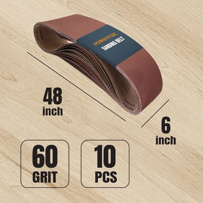 POWERTEC 6 x 48 Inch Sanding Belts, 10PK, 60 Grit Aluminum Oxide Belt Sander Sanding Belt for Bench Belt Sander, Wood & Paint Sanding, Metal Polishing (110170V) - size: 60 Grit, 10pk