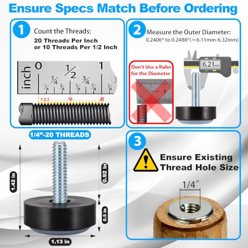 1/4-20 Furniture Levelers 8 Pack, Teflon Glides for Easy Moving - size: 1/4"-20 thread