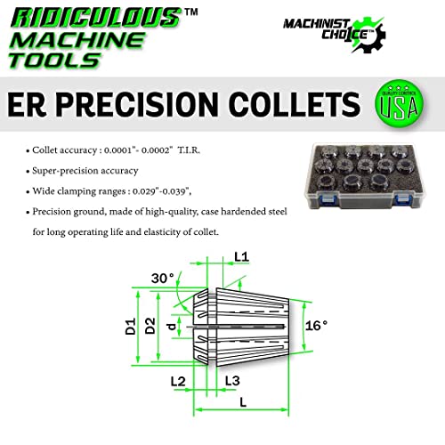 ER 11 High Precision Spring Collet SET 13 Piece 1MM - 7MM (0.0003) T.I.R. Machinist Choice - size: 13 PC SET