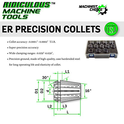 ER 11 High Precision Spring Collet SET 13 Piece 1MM - 7MM (0.0003) T.I.R. Machinist Choice - size: 13 PC SET