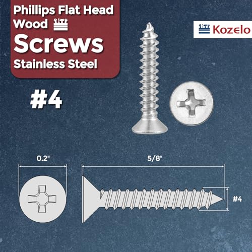 50pcs Phillips Flat Wood Screws #4x5/8 316 Stainless Steel Silver - size: #4x5/8"
