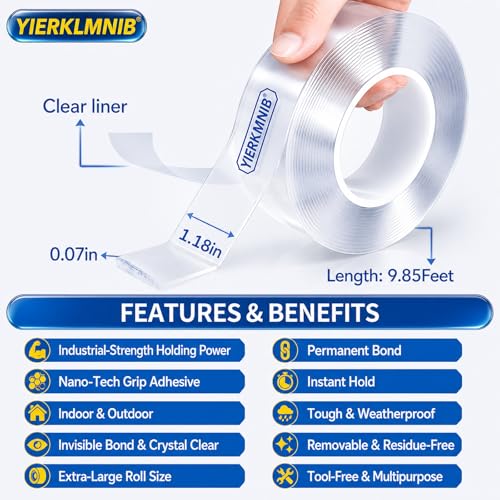 Double Sided Tape Heavy Duty, Nano Clear Mounting Tape, Picture Hanging Poster Carpet Tape for Walls, Dorm Office School Outdoor, Removable Adhesive【1 Rolls】（9.85FTx1.2in - size: 9.85 Feet