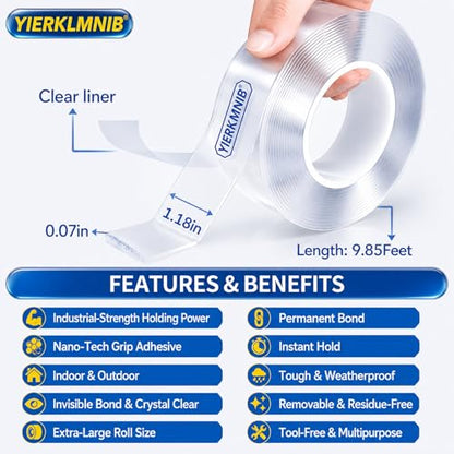 Double Sided Tape Heavy Duty, Nano Clear Mounting Tape, Picture Hanging Poster Carpet Tape for Walls, Dorm Office School Outdoor, Removable Adhesive【1 Rolls】（9.85FTx1.2in - size: 9.85 Feet