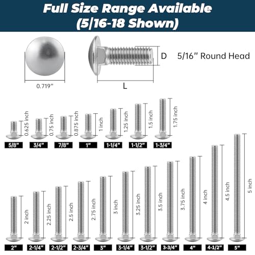 5/16-18 x 1-1/4 Inch Carriage Bolt Kit, 304 Stainless Steel (18-8) with Hex Nuts & Flat Washers - 16 Sets, Round Head Square Neck, Full Thread Coverage by Glvaner - size: 5/16-18 x 1-1/4"
