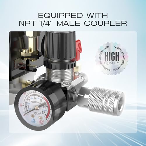 Air Compressor Pressure Switch Control Valve, cnaodun 90-120 PSI Air Compressor Switch Equips Four-Port Pressure Regulator Gauge 1/4 NPT Thread - style: 4-port 90-120PSI with Control Valve
