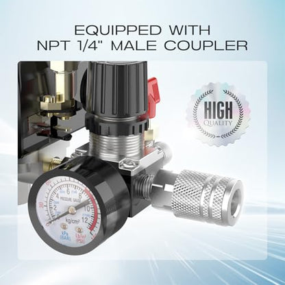 Air Compressor Pressure Switch Control Valve, cnaodun 90-120 PSI Air Compressor Switch Equips Four-Port Pressure Regulator Gauge 1/4 NPT Thread - style: 4-port 90-120PSI with Control Valve
