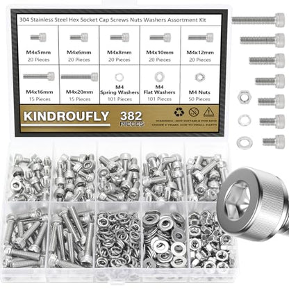 382 Pieces M4 x 5/6 /8/10 /12/16 /20mm Hex Socket Head Cap Screws Nuts Washers Assortment Kit, 304 Stainless Steel, Fully Machine Thread - size: M4, style: Socket Head