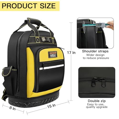 Tool Backpack,17"Heavy Duty Tool Backpack Bag with Waterproof Molded Base,Durable Multi-Use Pocket Electrician & Industrial & Construction Work Backpack,Black/Yellow