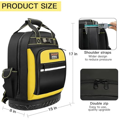 Tool Backpack,17"Heavy Duty Tool Backpack Bag with Waterproof Molded Base,Durable Multi-Use Pocket Electrician & Industrial & Construction Work Backpack,Black/Yellow