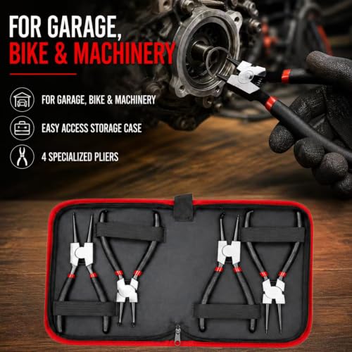 4PC 7" Snap Ring Pliers Set, Internal/External Circlip Pliers Kit with Straight+Bent Jaw Tips, Heavy Duty C Clamp Pliers for Automotive Tools
