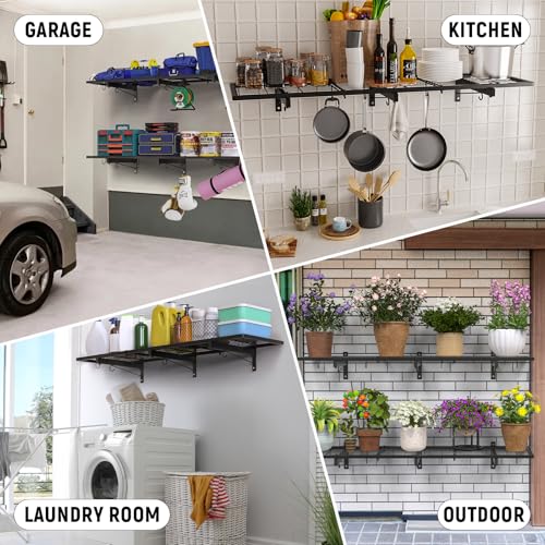 Garage Wall Shelves, 46"X12.5" Garage Shelving Wall Mounted, Heavy Duty Shelf Storage Rack with 4 Hooks, Black Organizer Floating Metal Shelf 160 LBS Capacity for Office, Basement, Laundry Room - size: A-1 PACK